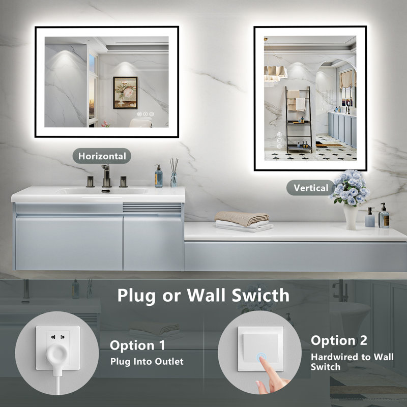 Tyeishia Matte Black Matel Framed LED Bathroom Mirror with Front-lit and Back-lit, Memory Function, 3 Color Temperatures & Dimmable Light, Anti-fog Tempered Glass