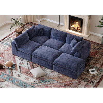 Canapé modulaire en U à 6 places avec repose-pieds, 139 po de large, conception sans assemblage de style nuage, mousse de compression désossée à haute densité, bleu marine