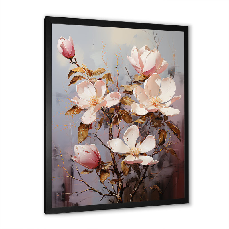 Magnolias II d'extravagance dorée sur toile, Cadre photo noir simple, H 32 po x l 16 po x P 1 po