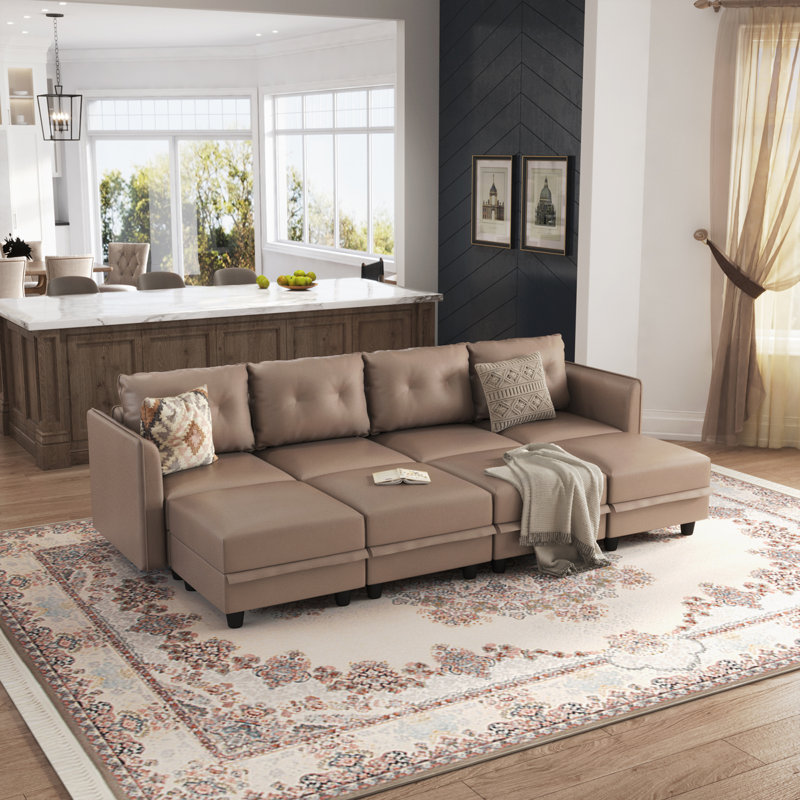 Canapé modulaire rembourré avec repose-pieds Zendajas, Mélange de polyester brun