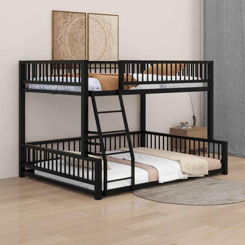 Full XL Over Queen Bunk Beds, Bunk Bed Frame With Ladder & Guardrails, Black