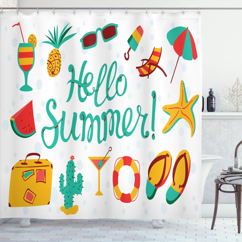 East Urban Home Saying Shower Curtain Summer Objects Hello Summer Multicolor 86215, 75''H x 69''W