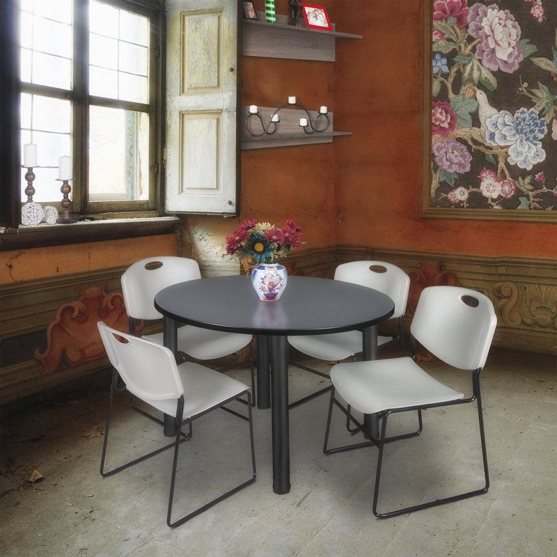 Plateau de table Kee, 4 chaises empilables, Noir, Gris