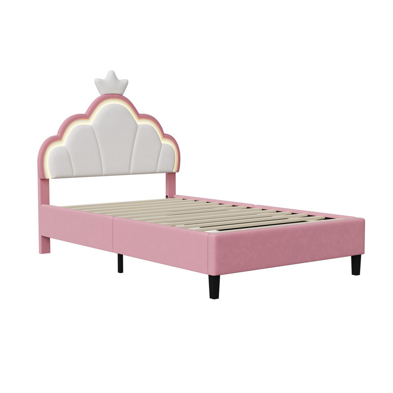 Upholstered Bed 135X190 Velvet, Princess Bed With Light And Adjustable Crown Shape Headboard, Double Girls Bed Platform Bed With Wood Slats For Children, Pink(No Mattress)