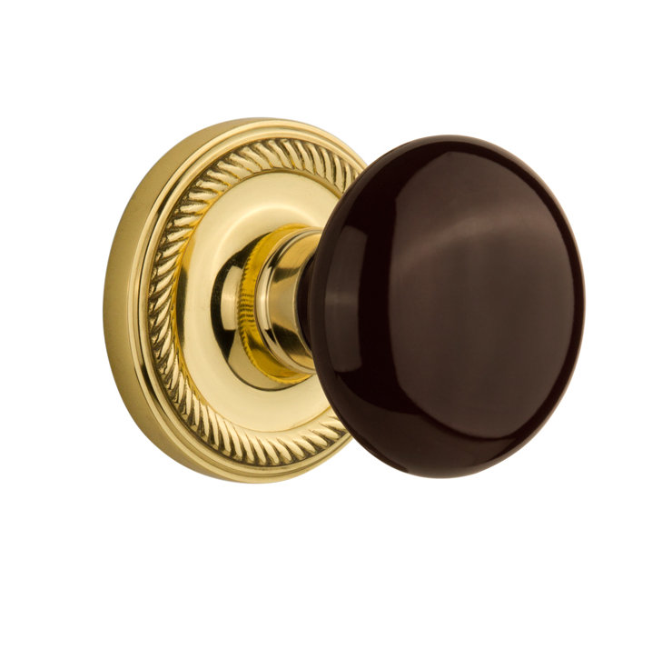 Rosette corde avec bouton de porte en porcelaine brune, 2-3/8 po, Laiton non laqué