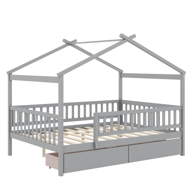 Lit double en bois avec deux tiroirs, Gris