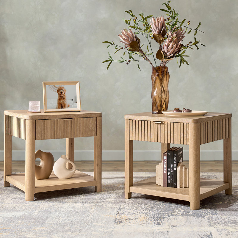 Fogarty Modern 23.75"W Solid Wood Veneer Fluted Storage End Table, Natural