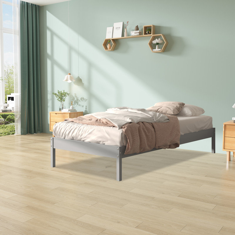 Tilon Solid Wood Modern Platform Bed Frame, Gray, Twin