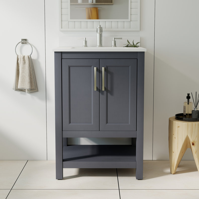 Ensemble de meuble-lavabo sur pied simple 24 po - comptoir en pierre d'ingénierie blanche Bombay, dosseret intégré et tablette de rangement ouverte