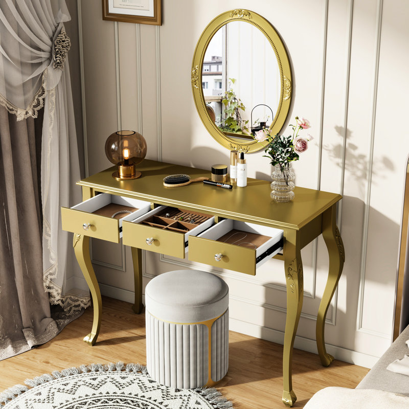 Gold Luxury Makeup Vanity Desk With Unique Oval Mirror And 3 Drawers,  For Bedroom Living Room, Construction Stylish Drawers Jewelry Makeup, Console Wood Legs
