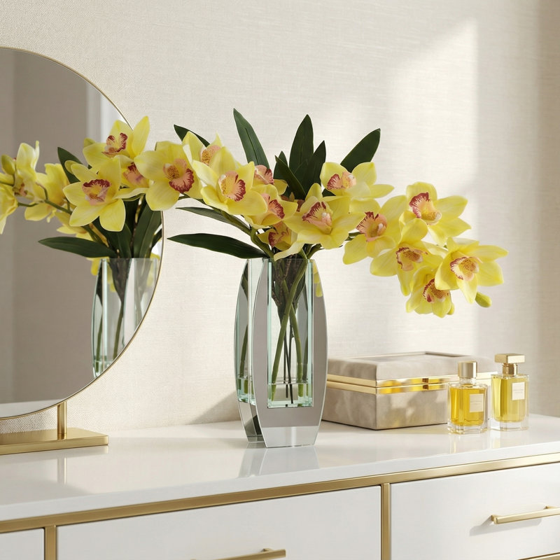 Arrangement d'orchidées dans un vase miroir, Jaune