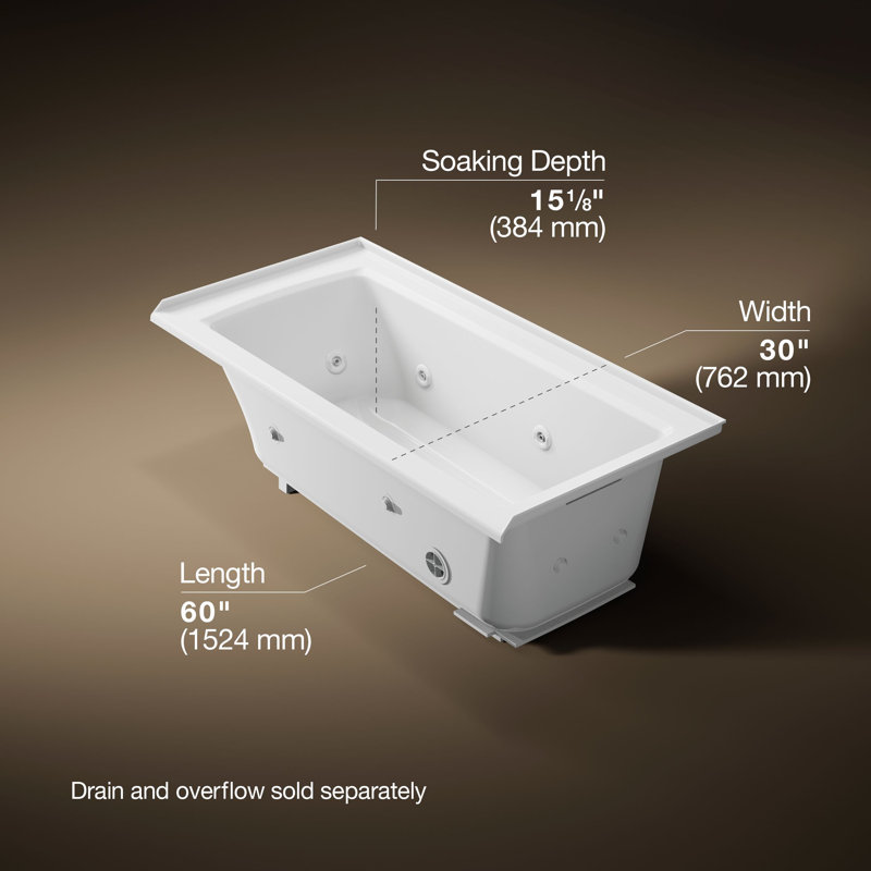 Archer® 60" x 30" Drop-in Whirlpool Bathtub, White, Right