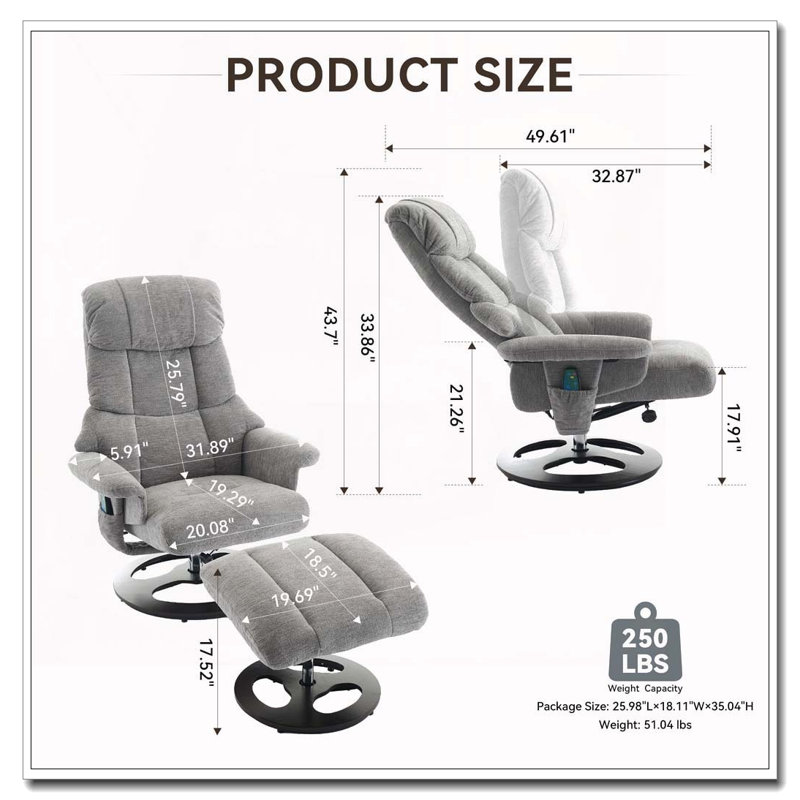 Fauteuil inclinable ergonomique avec repose-pieds, Gris