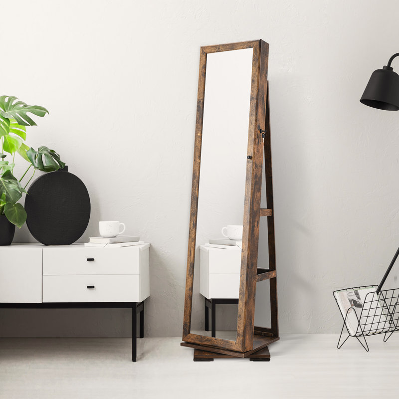 Armoire à bijoux rotative avec miroir verrouillable pleine grandeur, Brun