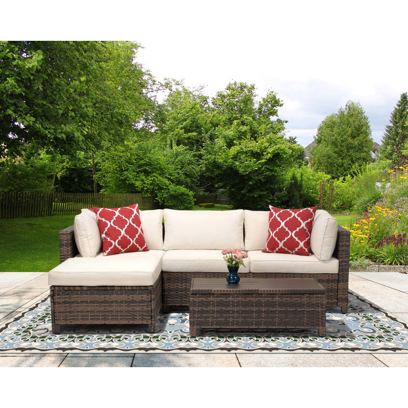 Ensemble de conversation modulaire en rotin pour 3 personnes avec coussins Parkhurst, Beige