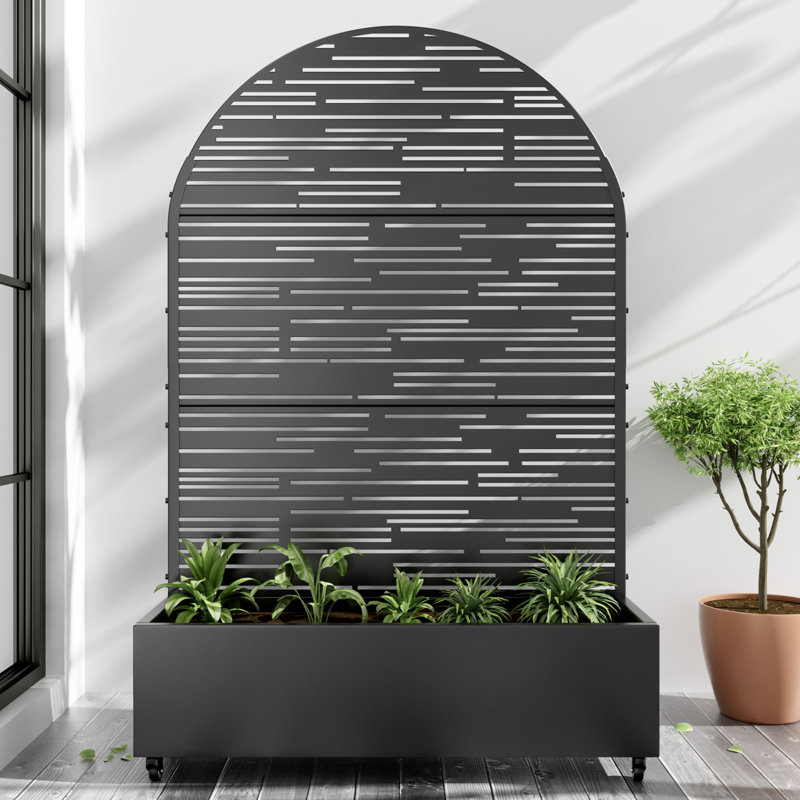 Arch Metal Planter Box with Trellis with Wheels, 72" H x 47" W x 16" D