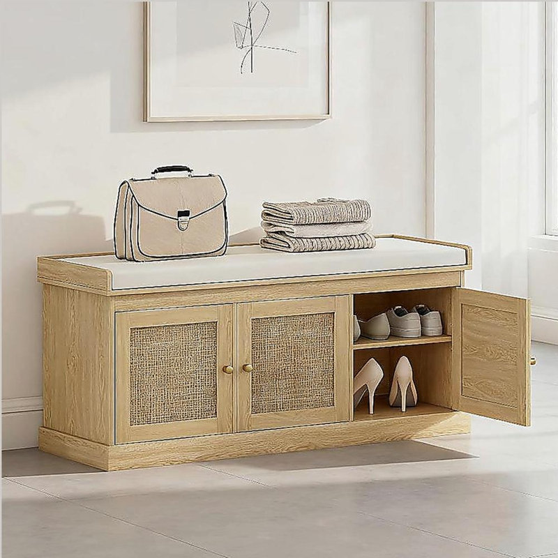 Shoe Storage Bench with Woven Rattan Doors, Shoe Bench, Oak/Cream White