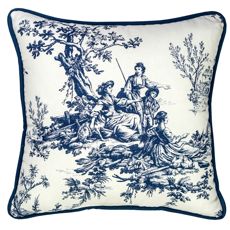 Bouvier Blue and Cream Cotton Toile Square Pillow