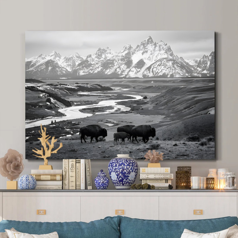 «Grand Horizon», reproduction sur toile encadrée de bisons noirs et blancs