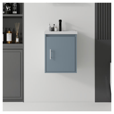 16 Inch Floating Bathroom Vanity with Sink, Soft-Close Door, Blue Plywood Wall-Mounted Cabinet