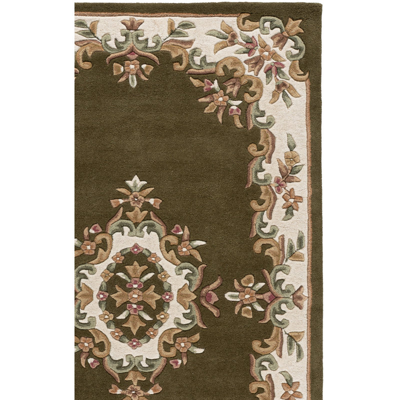 Tapis oriental olive / ivoire en laine / coton touffeté à la main Aubusson 301, Tapis de couloir 2 pi 3 po x 8 pi