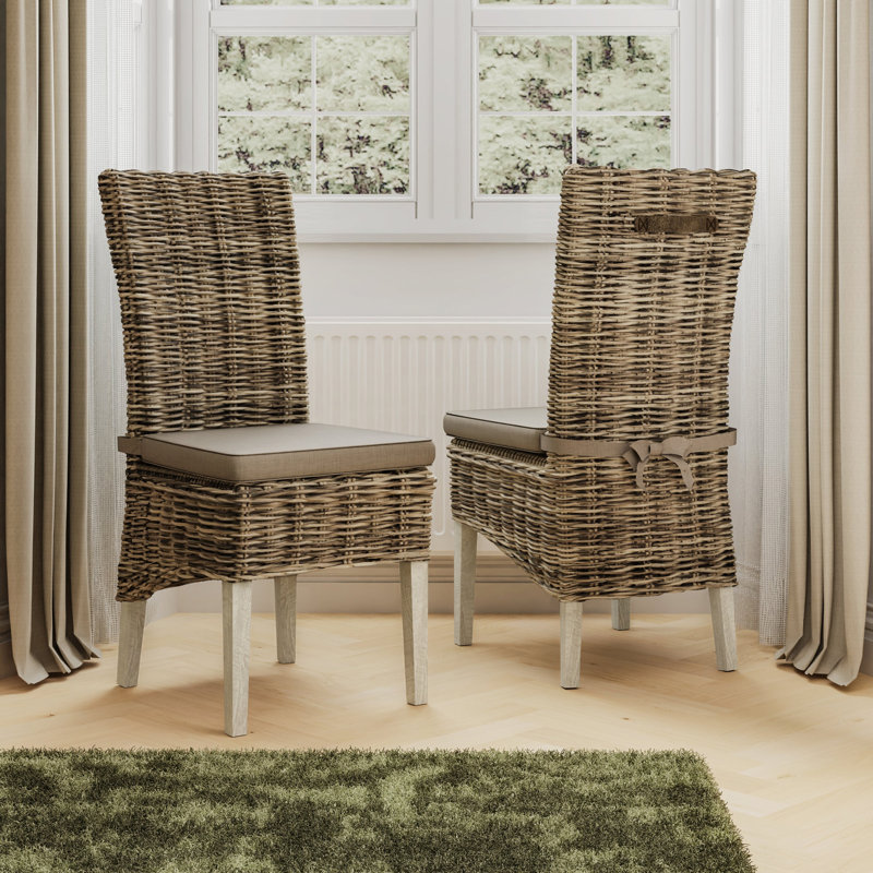 Maquoit 48cm H Full Back Pair Of Handmade Kubu Rattan Wash Dining Chair Light Legs, Brown, Grey