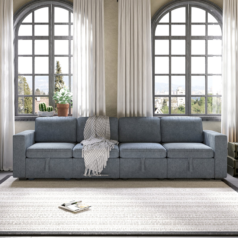 Corduroy Sectional Sofa With Storage Seat, 34" H x 118" W x 32" D, 4