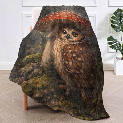 Jeté fantaisiste en flanelle de hibou champignon Rainy Forest Nature Decor for Fantasy Woodland Lovers