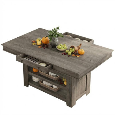 Table de salle à manger à hauteur de comptoir pour 4 à 6 personnes, table de cuisine haute de hauteur bar en bois avec support à vin profond et 2 tiroirs et tablettes, grande surface de table épaisse pour la cuisine, bar, robuste