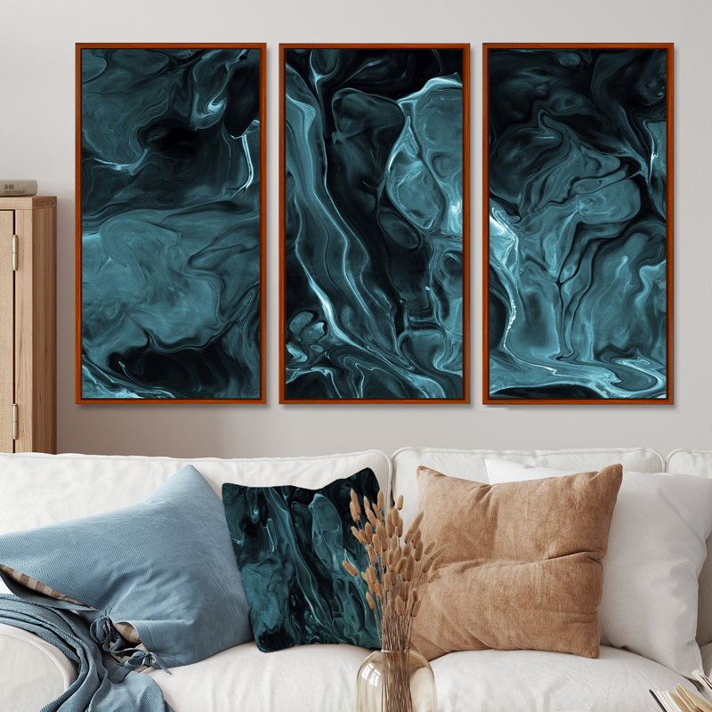 «Turquoise Creative Abstract Dark I», ensemble d'art mural sur toile moderne encadré de 3, H 40 po x l 60 po, Brun