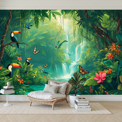 Peel and Stick Wallpaper 96" W x 69" H Modern Self Adhesive Wall Mural for Bedroom Tropical Rainforest Waterfall Toucans Butterflies Foliage Birds