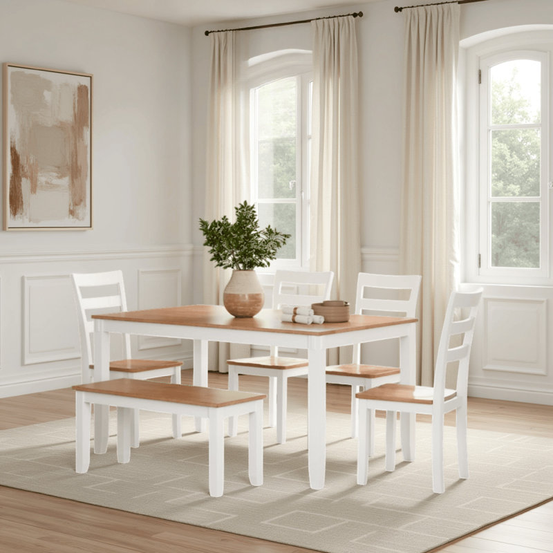 Malkin Dining Table With 4 Chairs And Bench, Set Of 6, White, White
