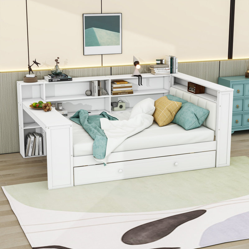 Daybed with Storage Shelves, Trundle, Charging Station, LED and Desk, White/Beige