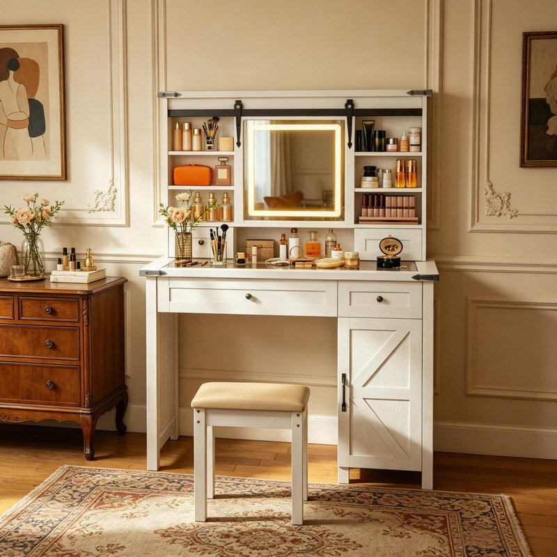 Console de beauté moderne, ensemble de coiffeuse avec miroir à DEL et tabouret rembourré, meuble-lavabo, coiffeuse avec rangement, ensemble de meubles de coiffeuse (seulement 1 coiffeuse, 1 tabouret de coiffeuse)