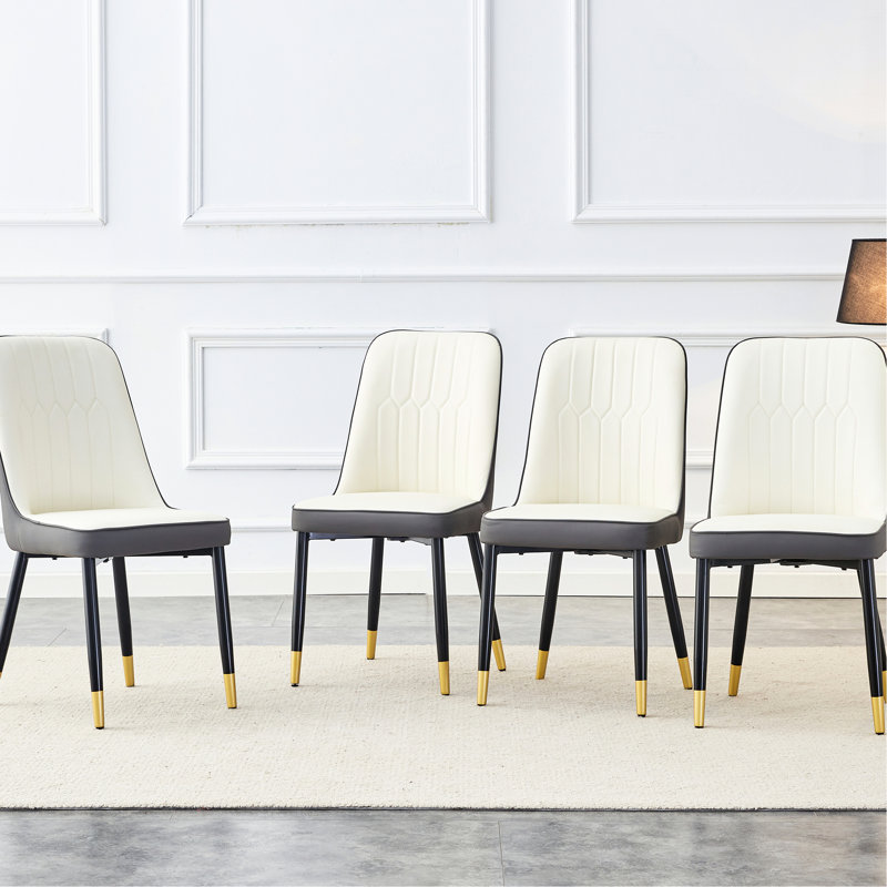 Ensemble de 4 chaises de salle à manger Modern - dossier en cuir de polyuréthane gris blanc avec pieds en métal Chaises confortables pour la cuisine, la chambre à coucher et le bureau