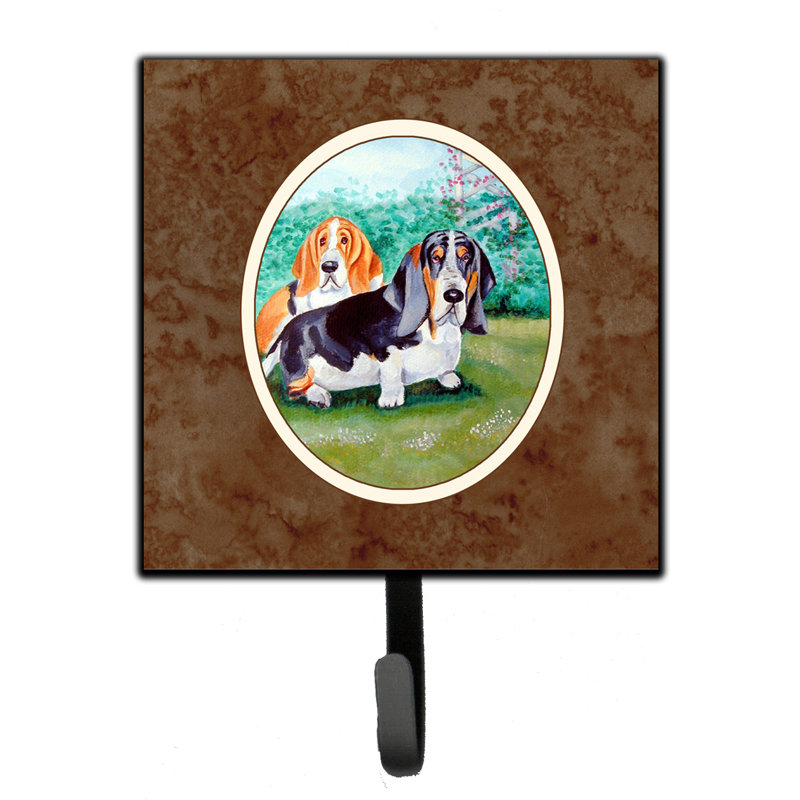 Pelin Metal Wall Organizer with Key Hooks, Brown/Salmon/Blue, Basset Hound Double Trouble