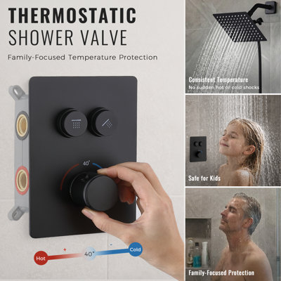 G-promise Thermostatic Shower Faucet Set, 16 Inches Ceiling Mount Rainfall Shower Head & 8 Inches Wall Mount Unit, Push Button Diverter For Easy To Use