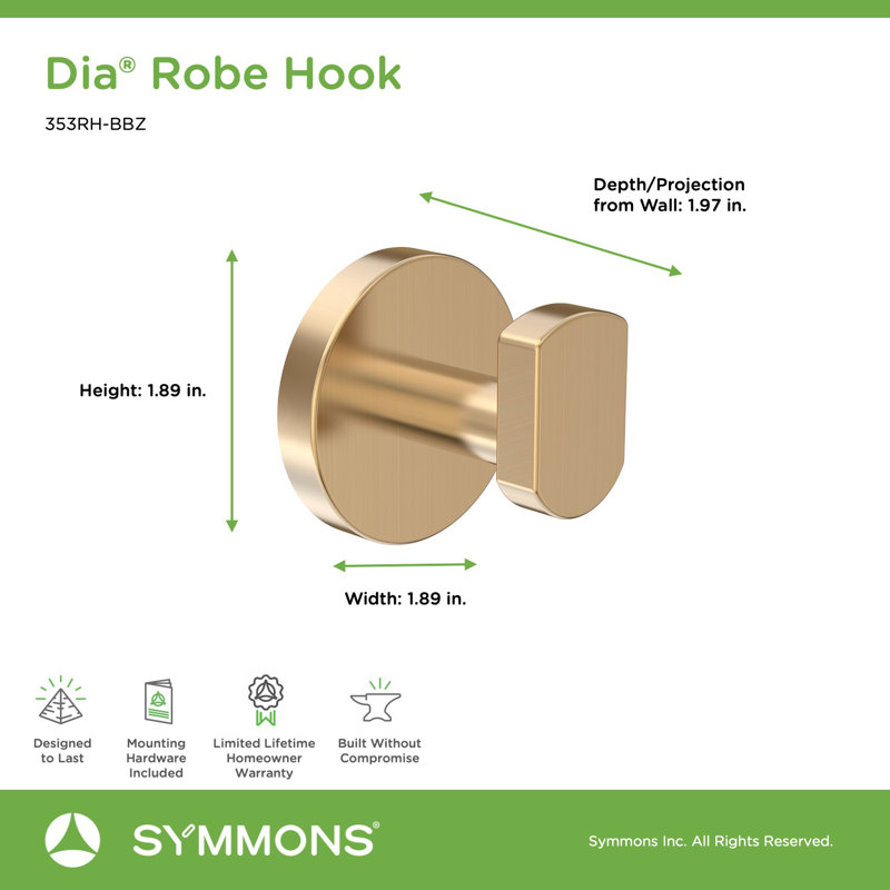 Dia Wall Mounted Robe Hook with Installation Hardware, Brushed Bronze