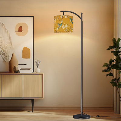 Arc Floor Lamp with Adjustable Lampshade Hummingbirds Blossoms Golden spring flowers bird Standing Lamp 3 Color Temperatures Dimmable Tall Pole Lamp with Foot Switch for Bedroom