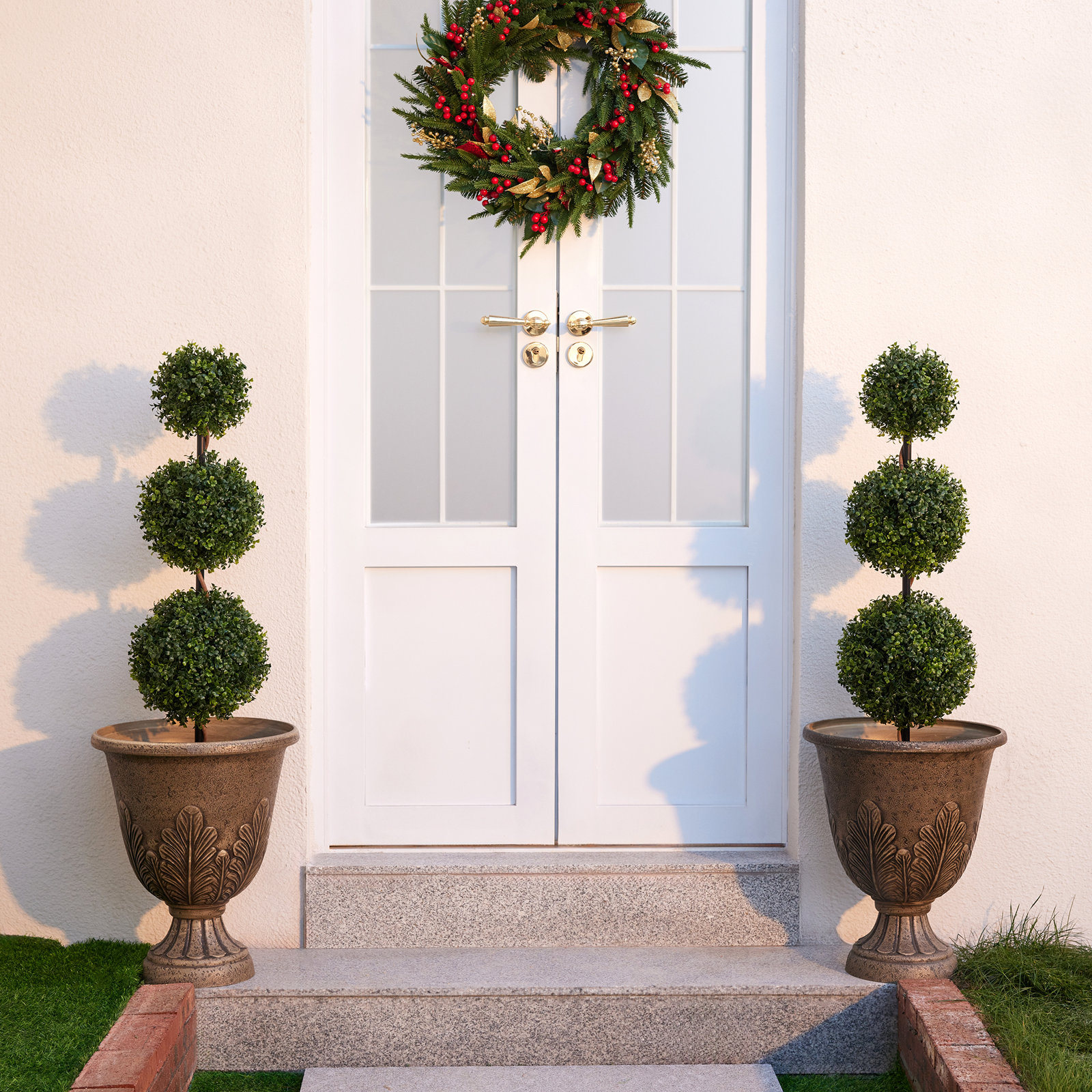 Artificial Boxwood Topiary In Pot - UV Resistant Triple Ball Faux Plant For Indoor/Outdoor Porch Décor, 1, 36” x 10.4”