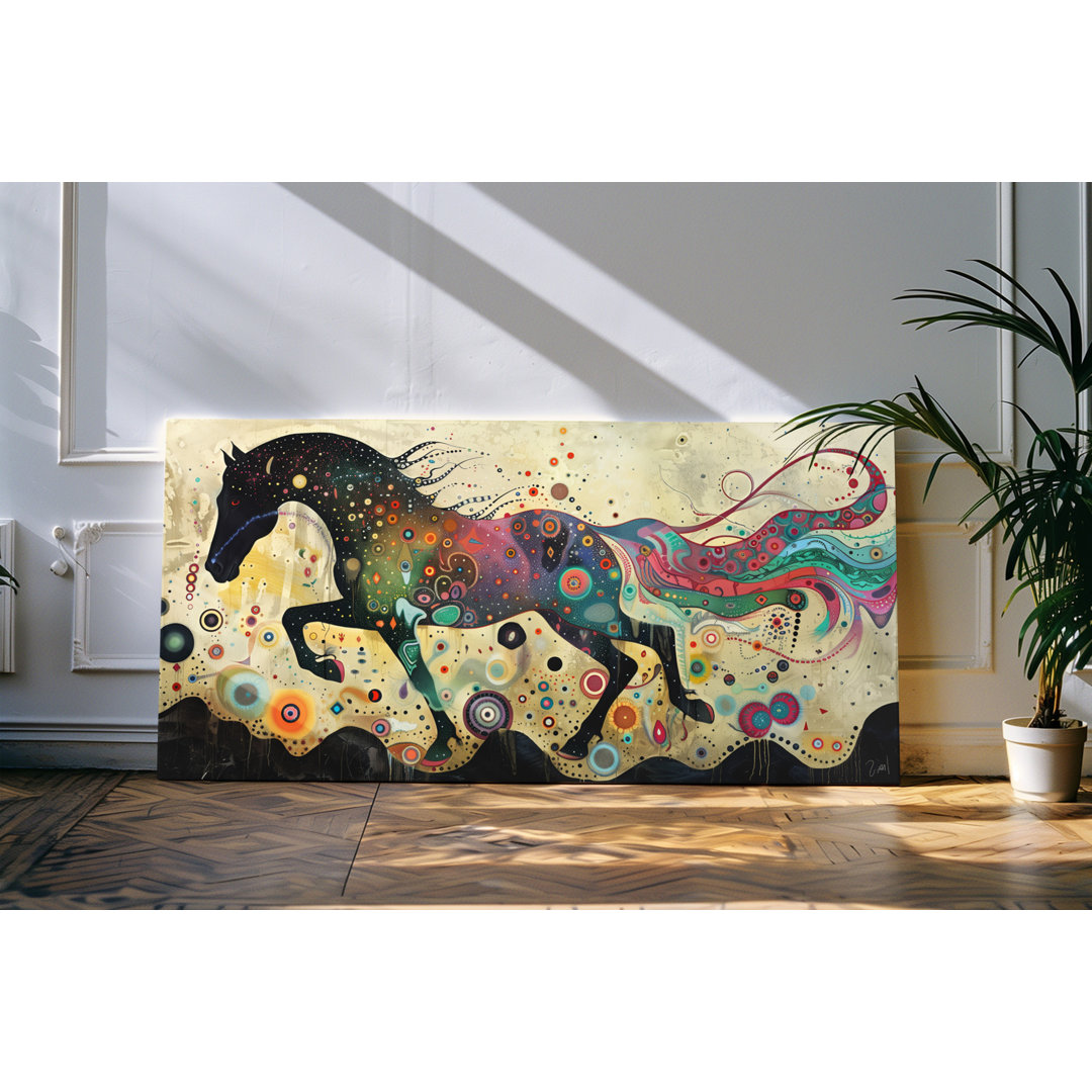 Wandbild 120x60cm Schwarzes Pferd im Galopp Kunstwerk Farbenfroh Bunt