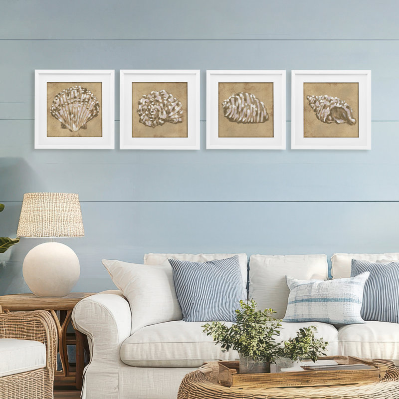 Seashells in Earth Tones, ensemble de 4 reproductions encadrées sous verre, par June Erica Vess, H 16 po x l 16 po