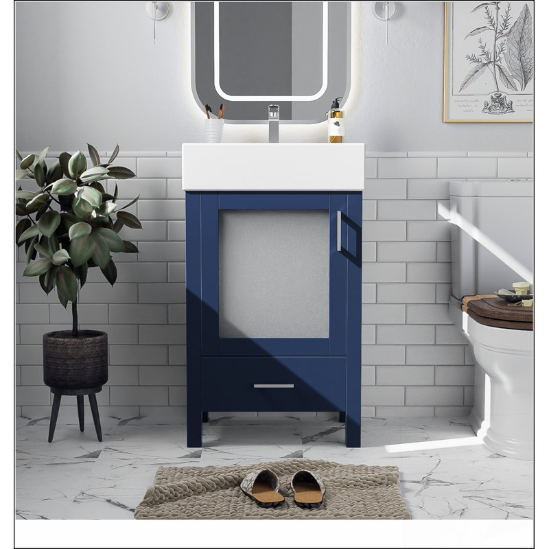 Meuble-lavabo de 20 pouces avec lavabo en céramique et beaucoup de rangement - idéal pour les petites salles de bain, Bleu