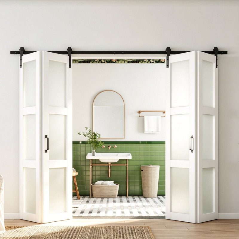 CHIC Mode Doors Porte de grange double pliante en panneau de fibres à densité moyenne de 3 po en verre givré massif avec quincaillerie 60 po x 84 po avec quincaillerie