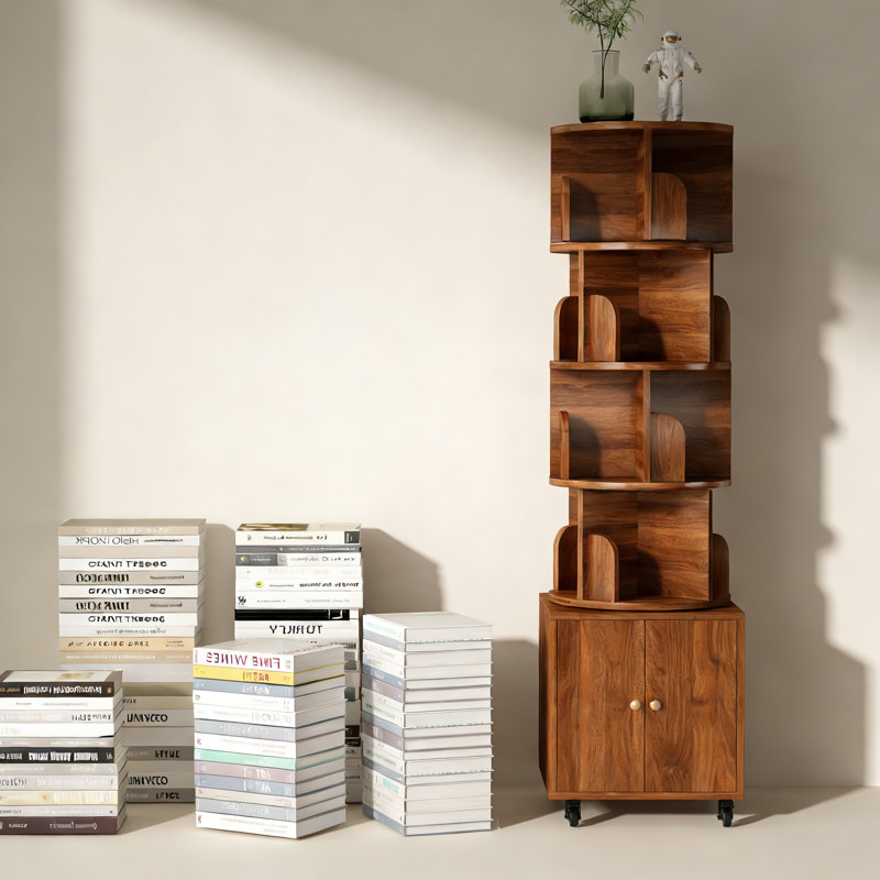360 Degree Rotating Display 5 Tier Corner Bookshelf, Floor Standing Bookcase Storage Rack, Wood Narrow Book Shelf Organizer