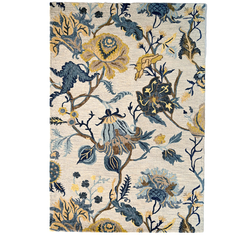 Handmade Light Blue and Yellow Wool Floral Rectangular Rug