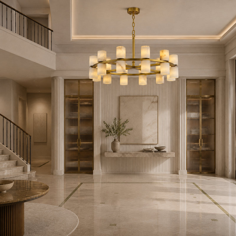 23.6" Round Kitchen Island  Alabaster Gold Chandelier, 6.3" H x 23.6" W x 23.6" D, Gold, 24 Lights