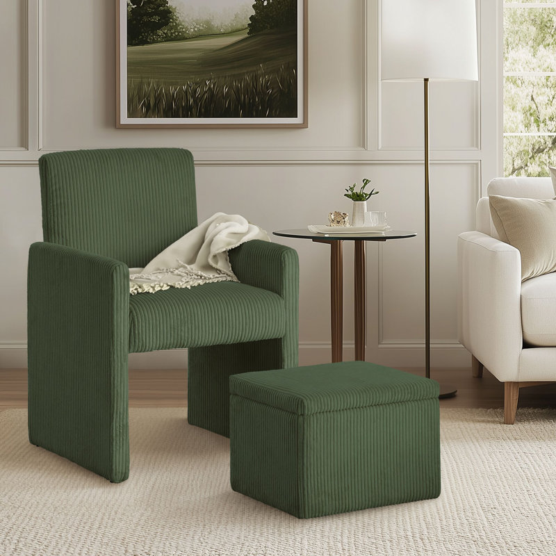 Fauteuil demi-tonneau rembourré avec repose-pieds, Velours côtelé vert