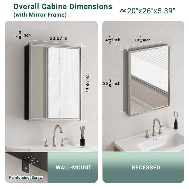 Belwood Recessed or Surface Framed Medicine Cabinet with Beveled Mirror Door & Adjustable Glass Shelves, 26" H x 20" W