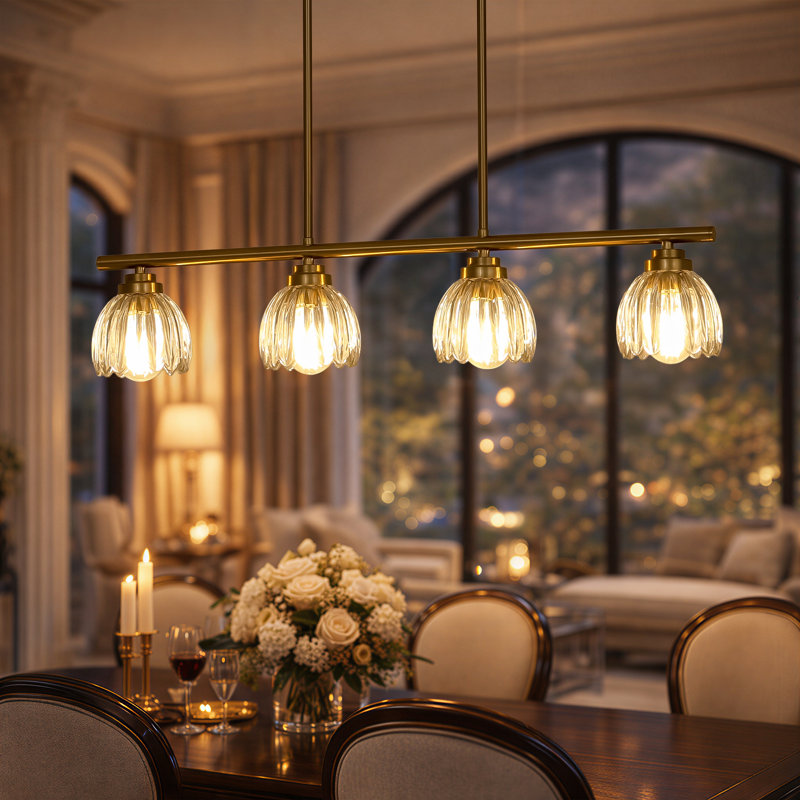 Luminaire suspendu en laiton antique avec verre pétale pour îlot de cuisine, Quatre lumières